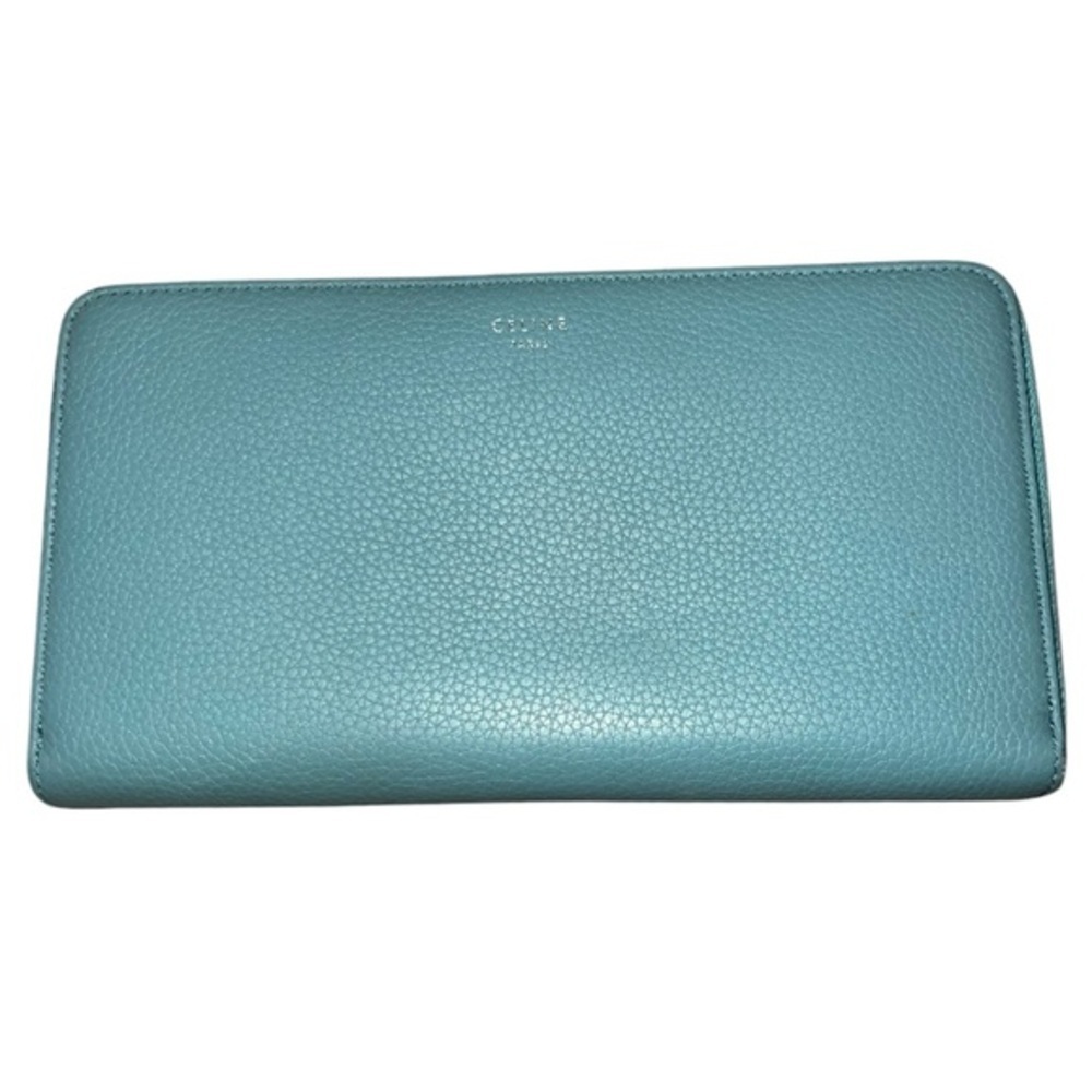 EUC Celine Large Zipped Multifunction Long Wallet Blue Leather Silver Hardware